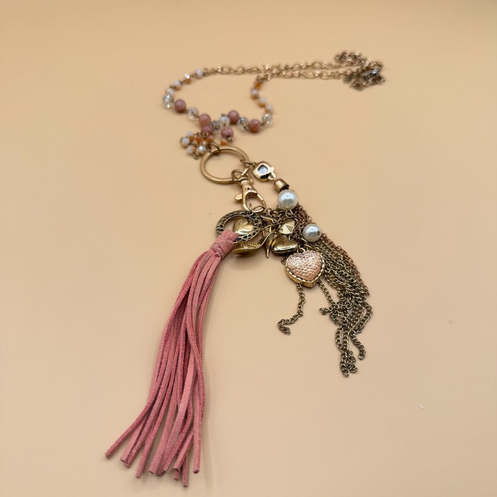Pink Tassel Charm Necklace Heart Pearl Gold Tone Boho Long Statement Jewelry